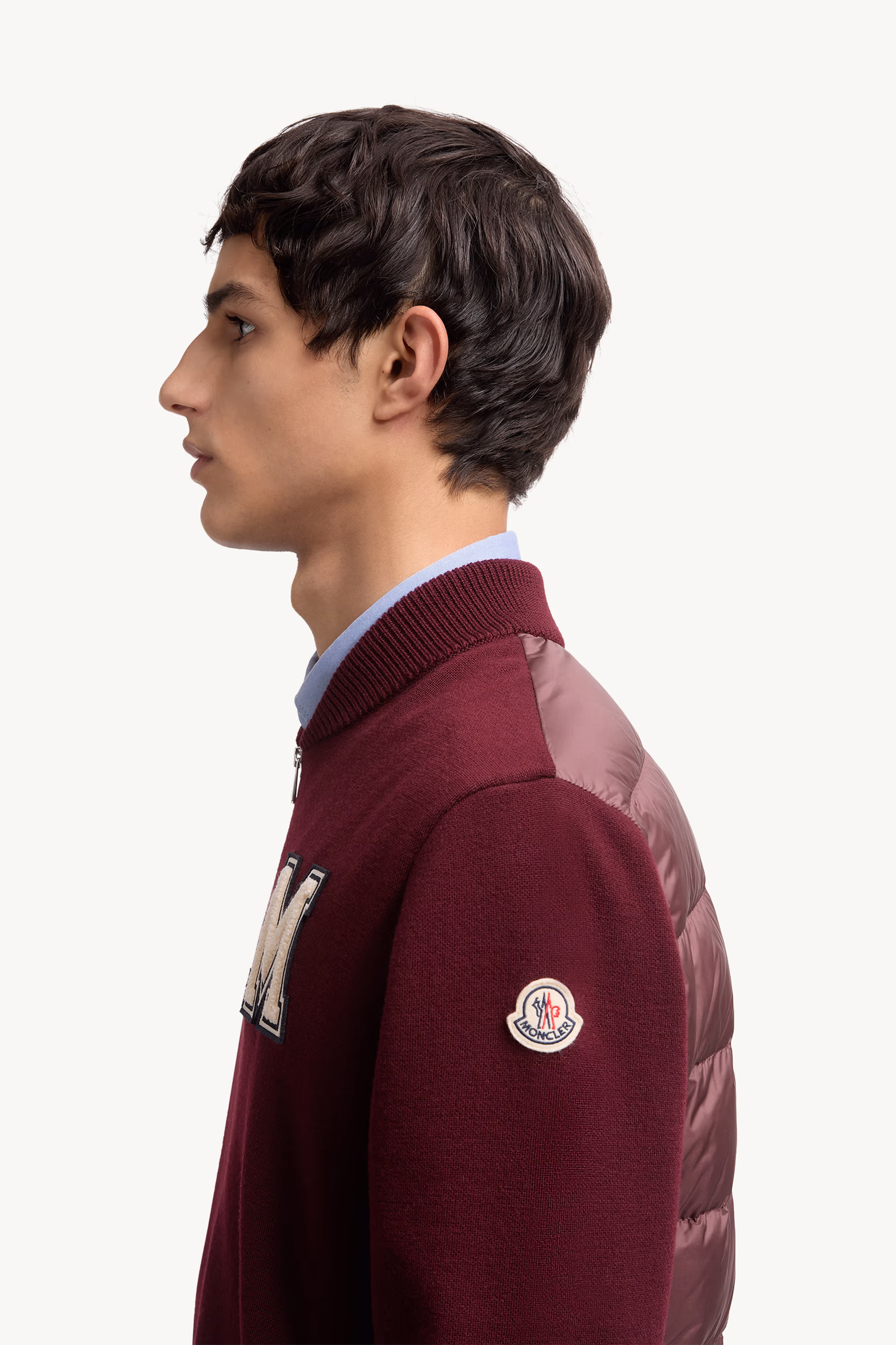 Embroidered Monogram Padded Zip-Up Wool Blend Cardigan Men Burgundy Moncler 4
